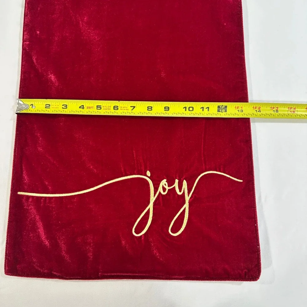 Red Velvet Christmas Table Runner Gold Joy Embroidered Reversible 72x14 Holiday